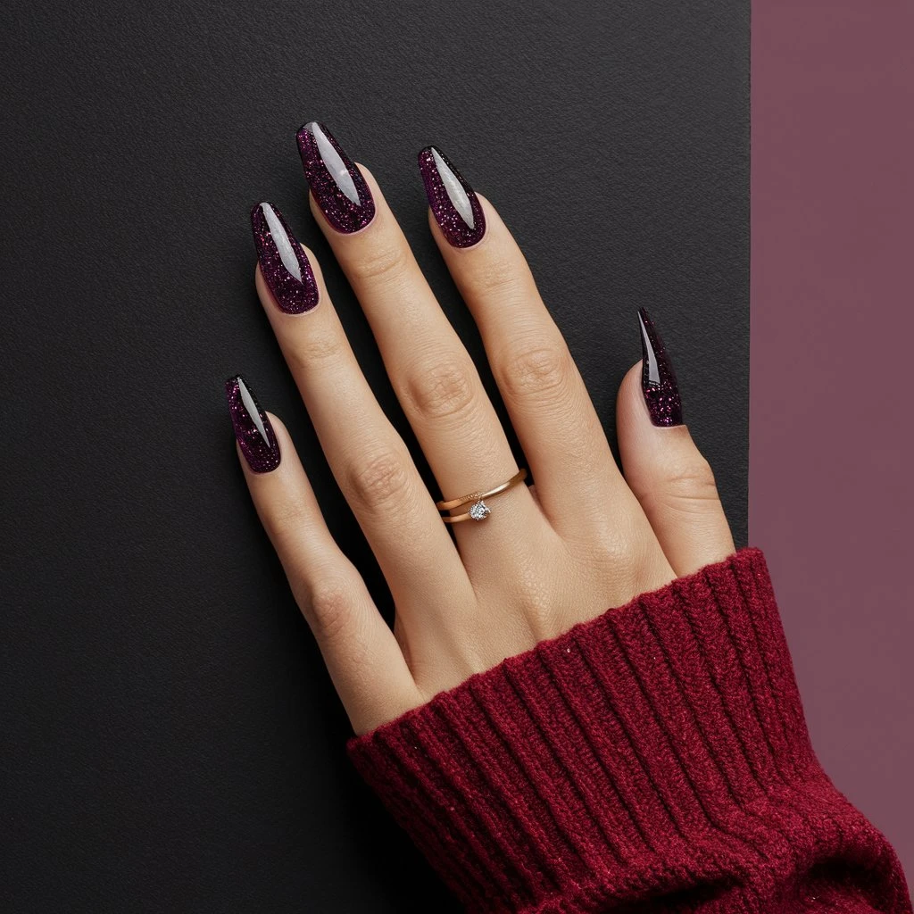Blackened Purple with Glitter Accents Nail Art
