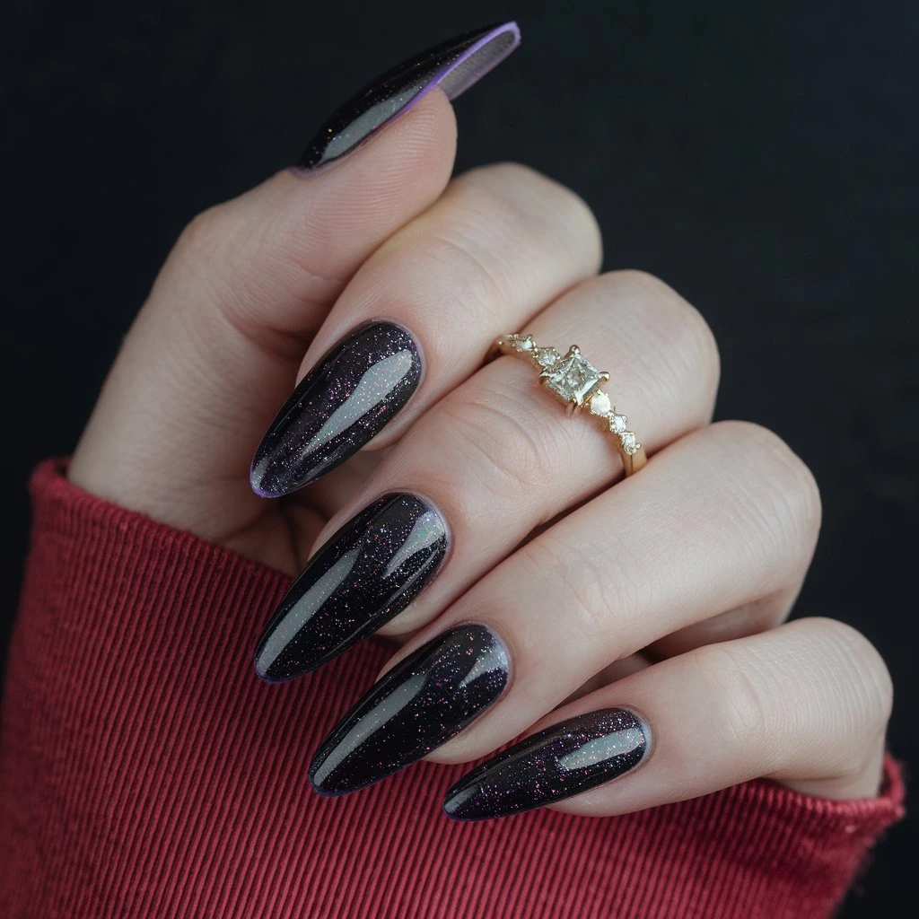 Blackened Purple with Glitter Accents Nail design