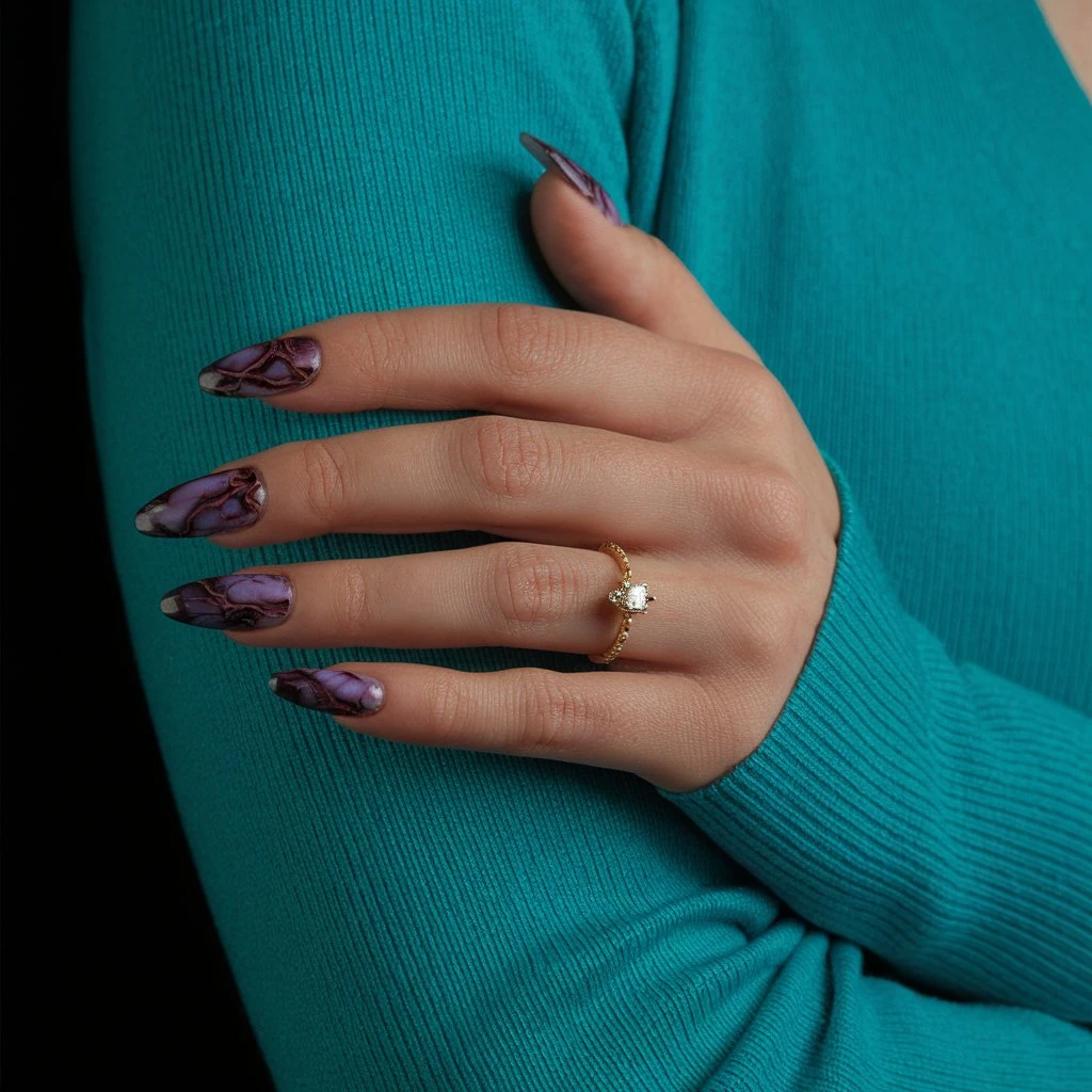 Dark Purple Marble Effect on Long Nails