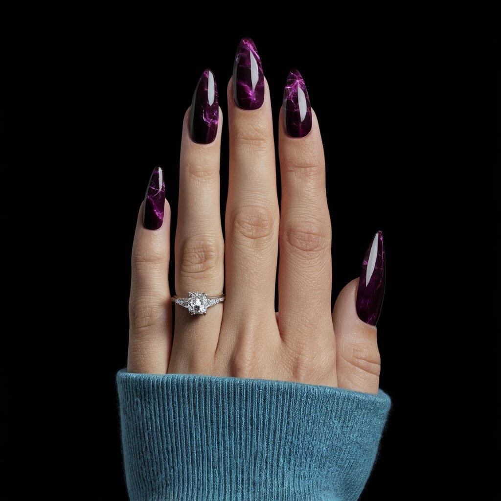 Dark Purple Marble Effect on Long Nails