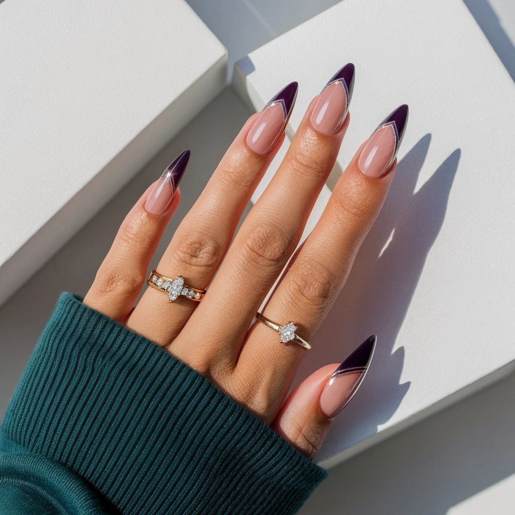Glossy Eggplant with Metallic Stripes Nail art