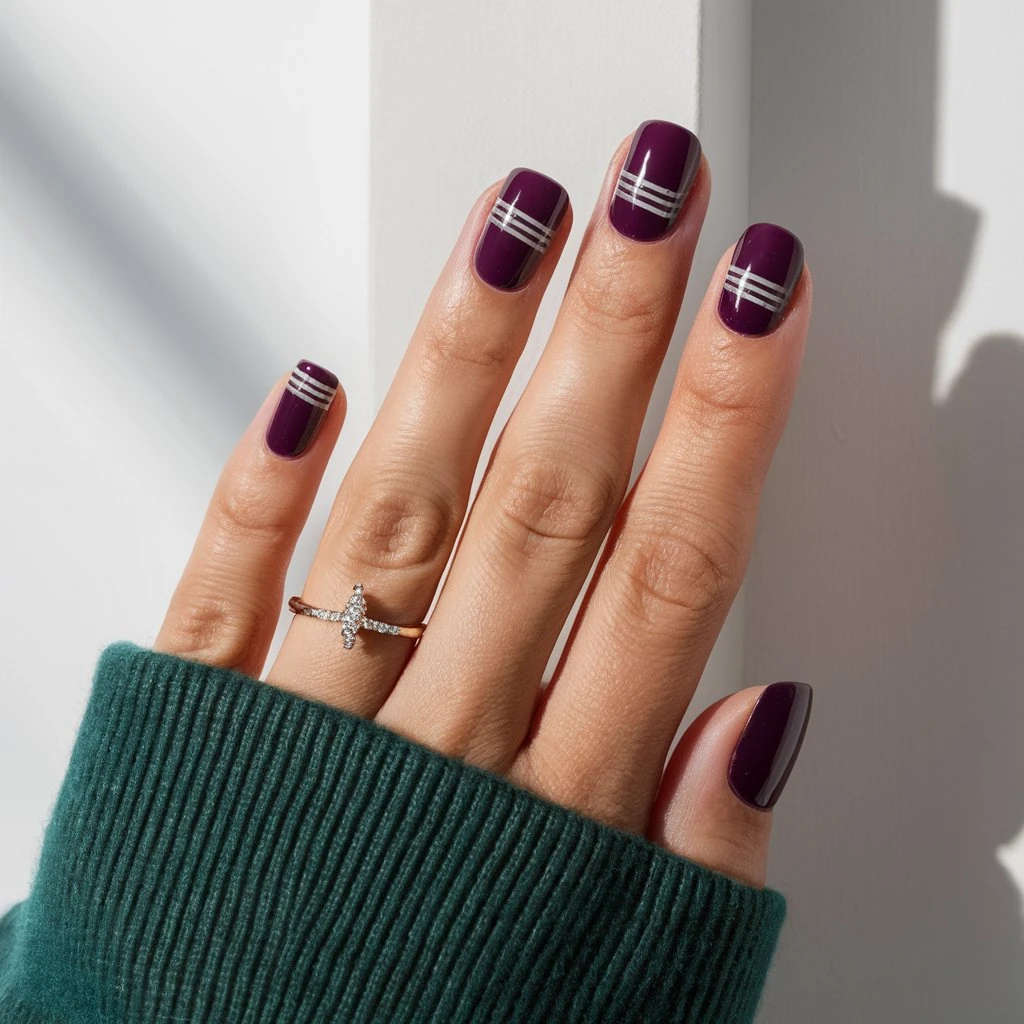 Glossy Eggplant with Metallic Stripes nail art