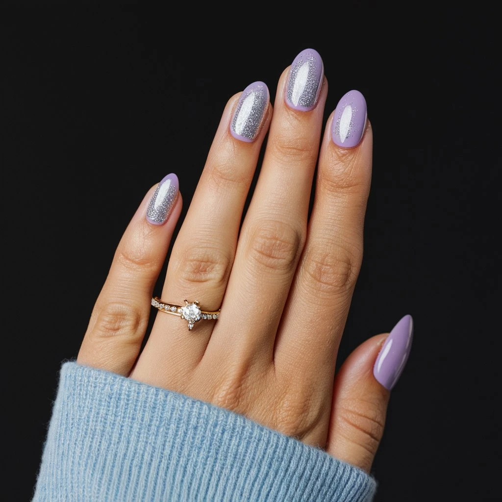 close up portrait of a woman hand Lilac with Subtle Silver Glitter short nails