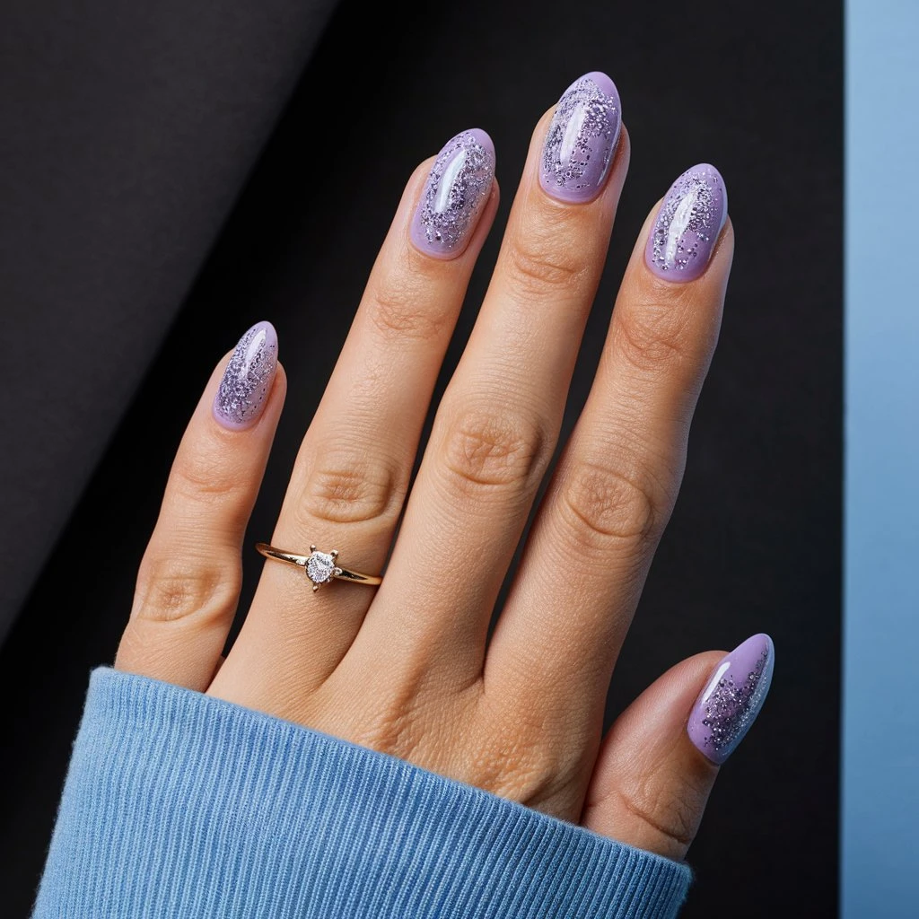 close up portrait of a woman hand Lilac with Subtle Silver Glitter short nails