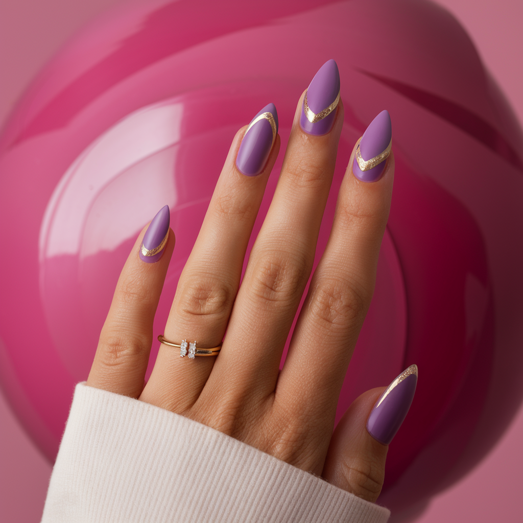 Close-up of a woman's hand with long, pointed nails. The nails are painted in a Matte lilac nails with tiny gold details and have a glossy finish.
