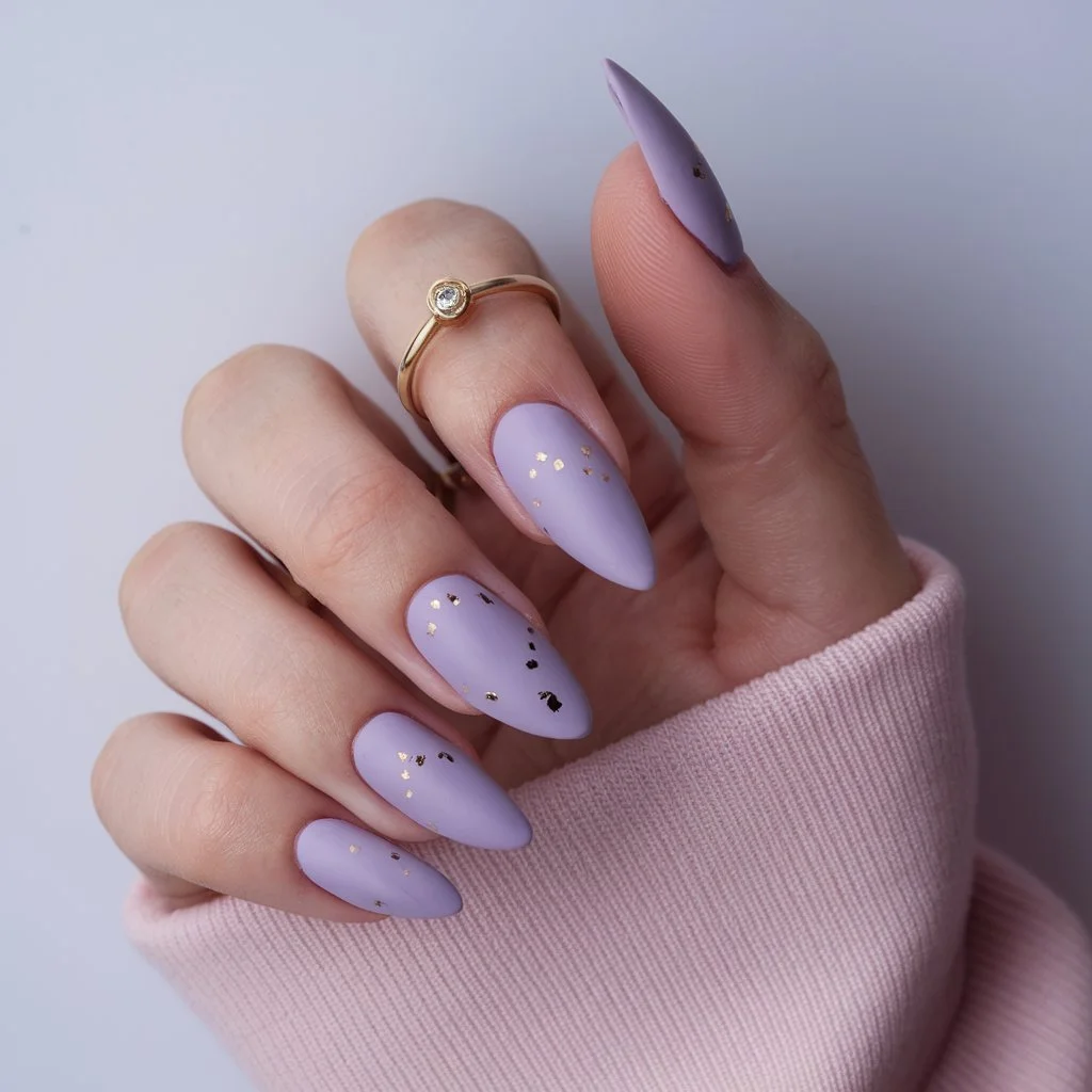 Matte lilac nails with tiny gold details and have a glossy finish