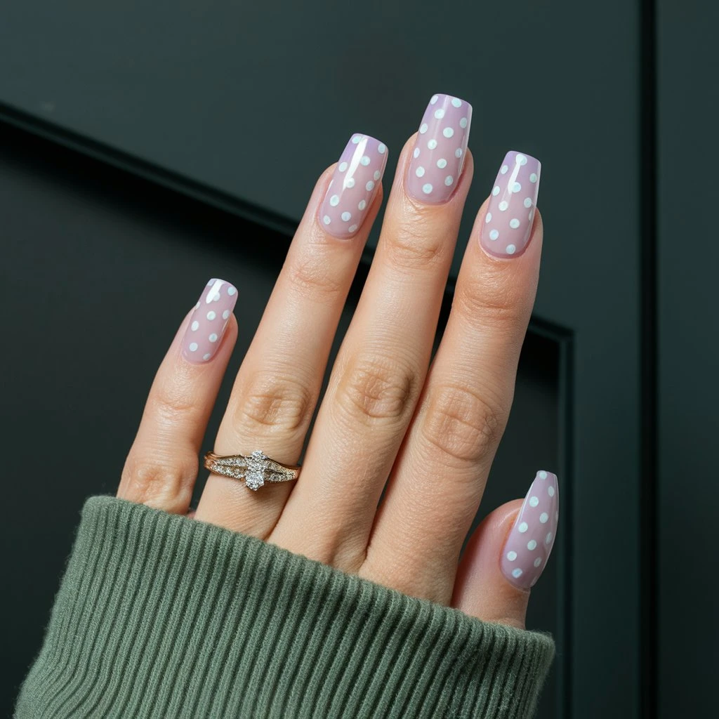Pastel Lavender with White Polka Dots nail design