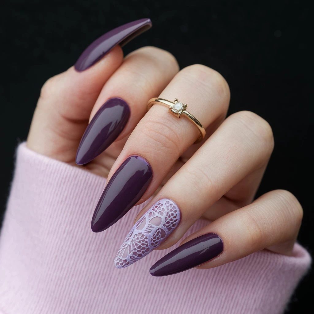 Rich Purple with Delicate Lace Design Nail design