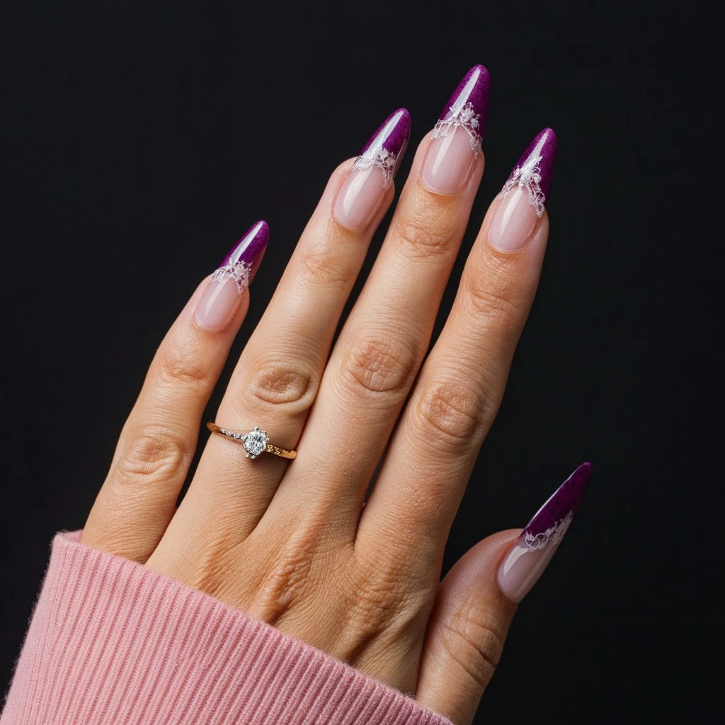 Rich Purple with Delicate Lace Design Nail design