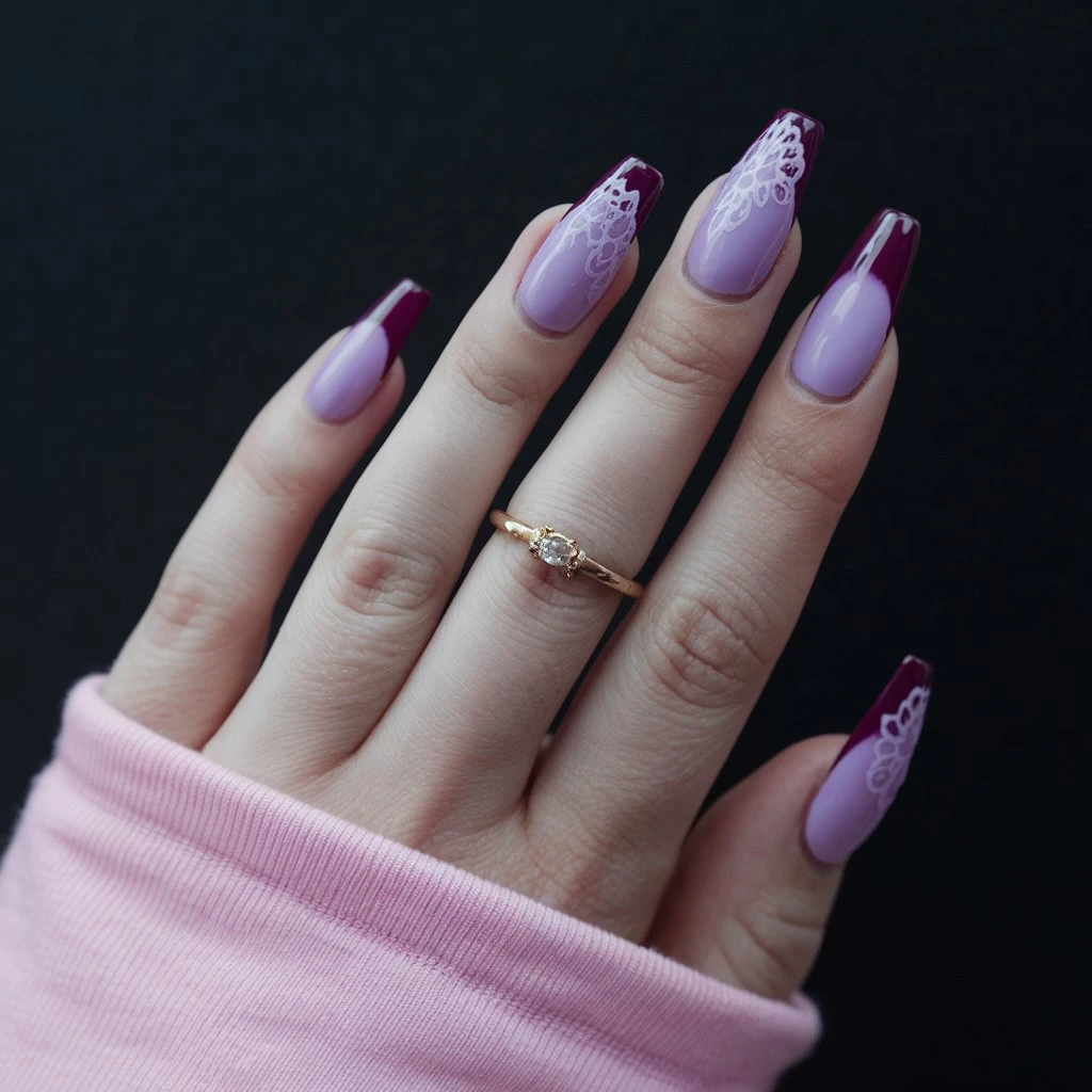 Rich Purple with Delicate Lace Design Nail art