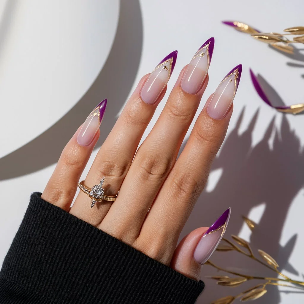 Sheer purple nails with delicate gold foil