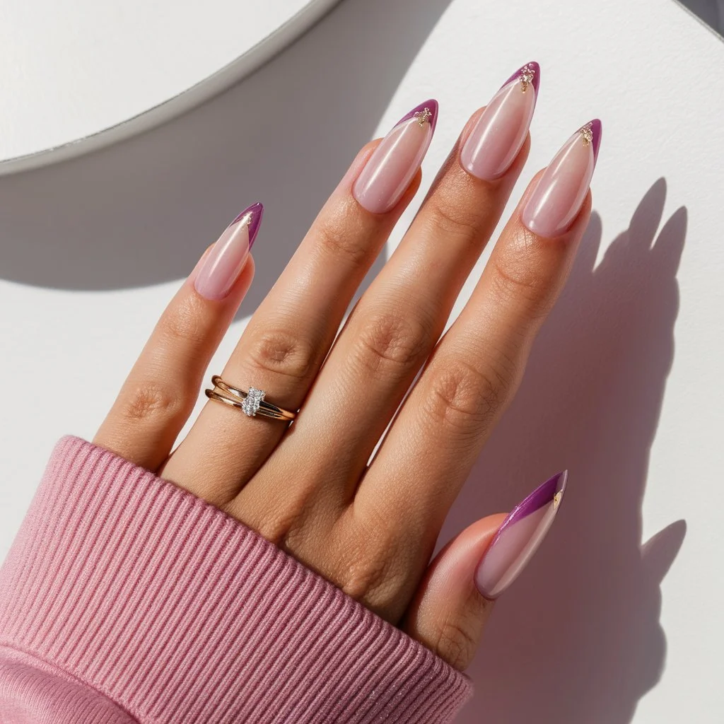 Sheer purple nails with delicate gold foil