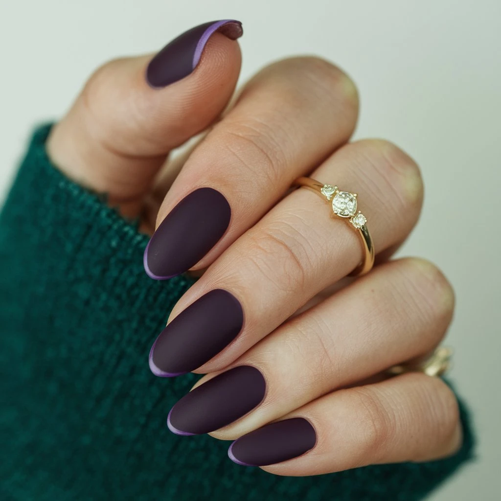 The image shows a close-up of a woman's hand with short, pointed nails. The nails are painted Vampy Purple with Matte Finish and have a glossy finish.