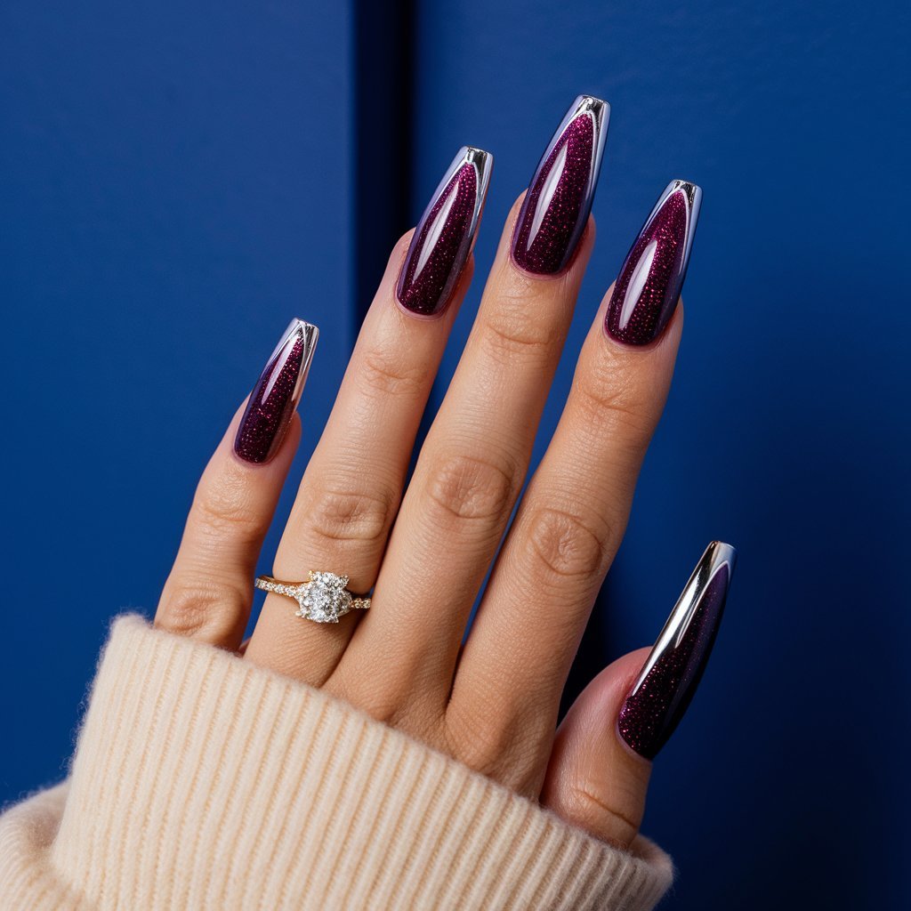 Velvet Purple with Chrome Tips nail art