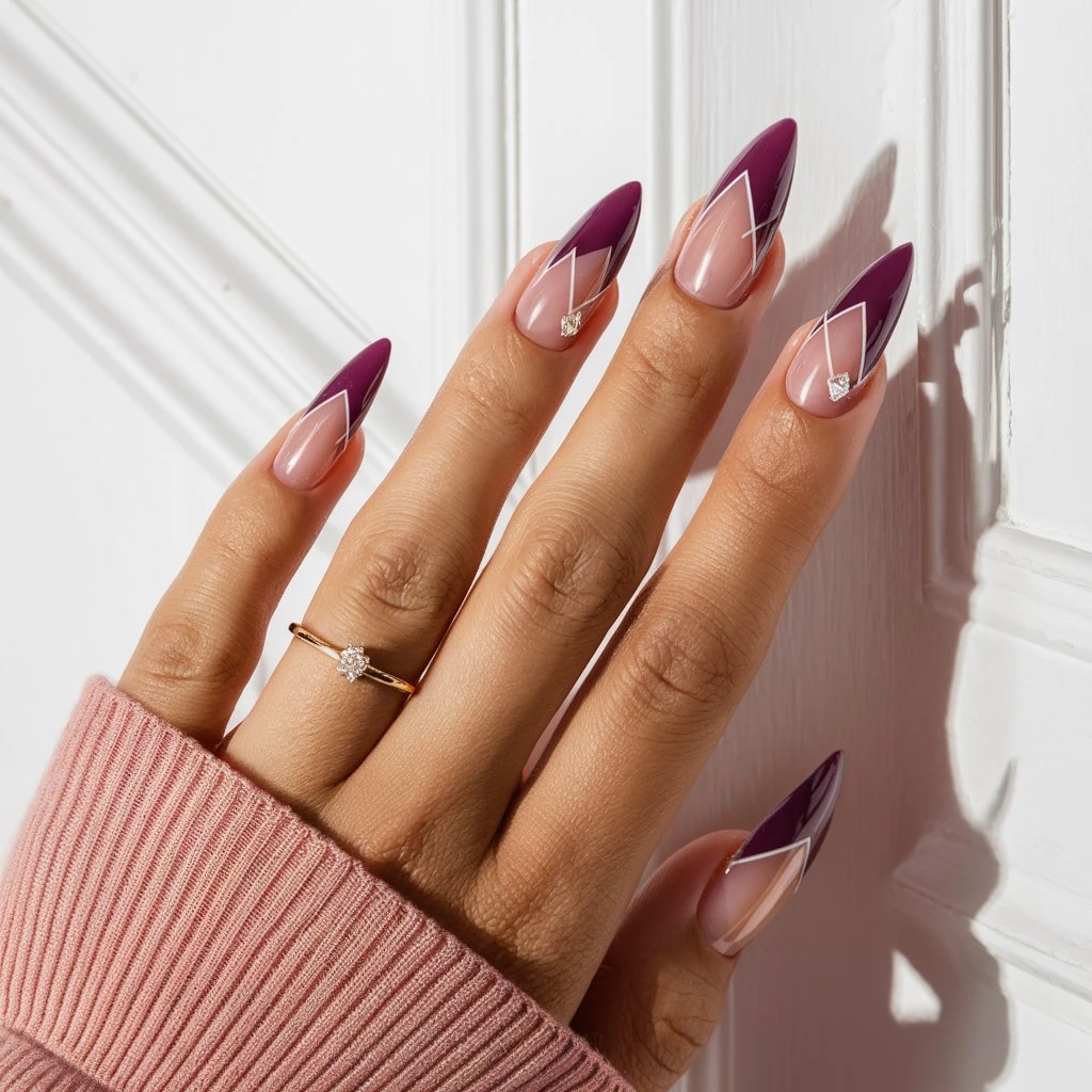 nails are painted with Glossy plum nails with simplegeometric patternsand have a glossy finish. The tips of the nails are neatly painted and the nails appear to be well-manicured.