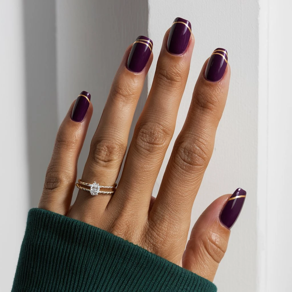 stunning close-up of a manicured-hand Oxblood Purple with Minimalist Nail Art on short nails
