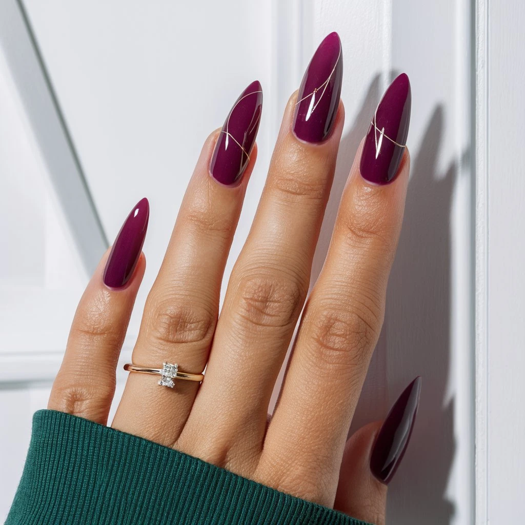 stunning close-up of a manicured-hand Oxblood Purple with Minimalist Nail Art long nails