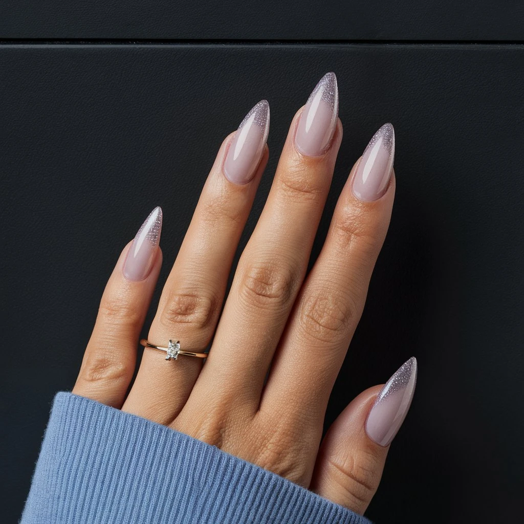 close up portrait of a woman hand Lilac with Subtle Silver Glitter long nails with sky blue sweater