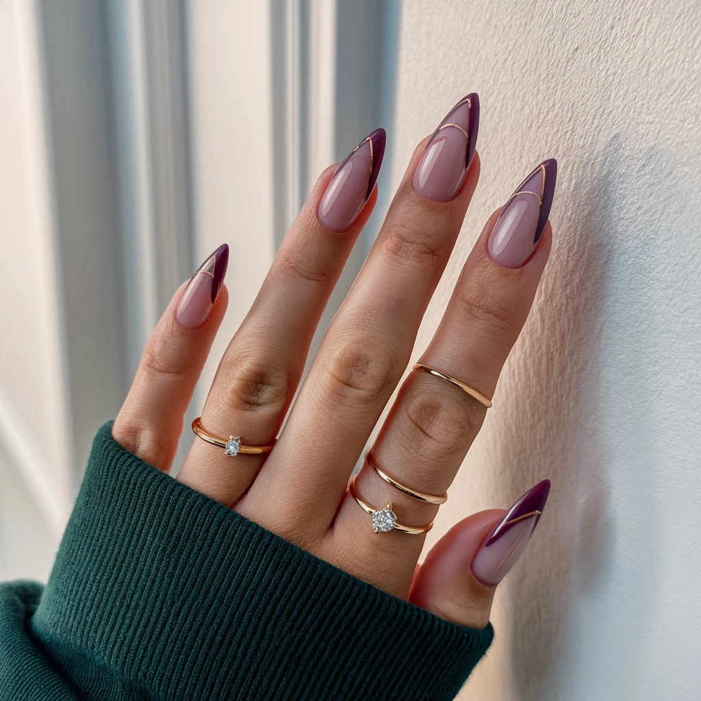 stunning close-up of a manicured-hand Oxblood Purple with Minimalist Nail Art